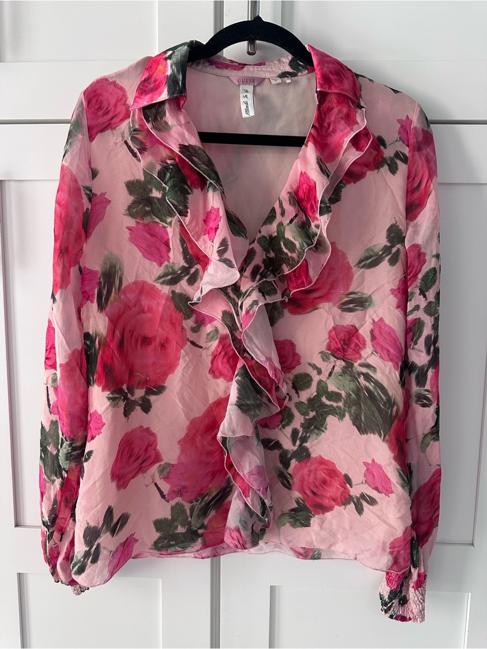 Guess Pink Floral Sheer Ruffle Blouse